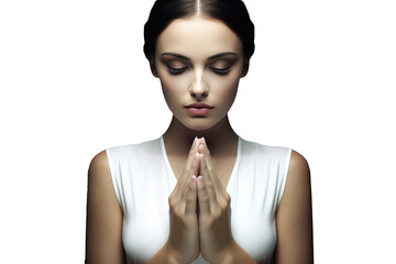 A Fictional Character Created By Generative AI.Gorgeous Young Caucasian Woman Portrait with White Sleeveless Dress in Namaste or Prayer Pose and Eye Closed. Generative AI.