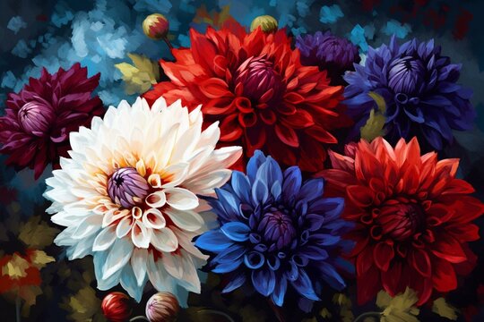 Vibrant dahlia flowers arranged artistically in a stunning composition. A colorful illustration and digital painting of blue, red, and white dahlias. Generative AI