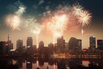 Fireworks above a city skyline with Canadian flags. Generative AI