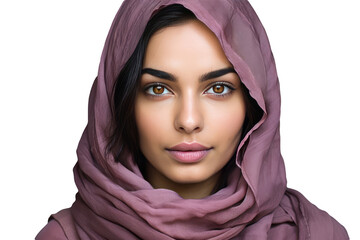 A Fictional Character Created By Generative AI.A Beauty Portrait of Pretty Arab Woman Around Pink Scarf on Head. Generative AI.