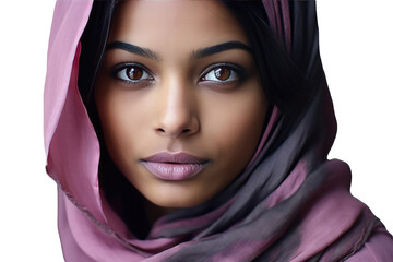 A Fictional Character Created By Generative AI.A Beauty Portrait of Pretty Arab Woman Around Pink Scarf on Head. Generative AI.