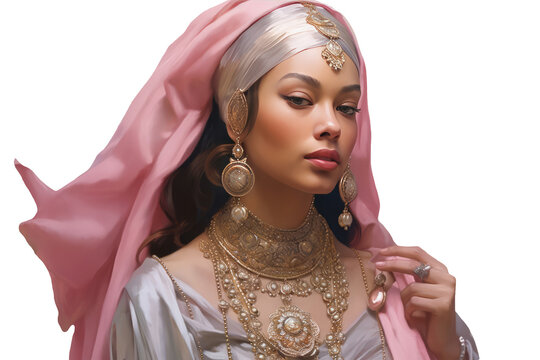 A Fictional Character Created By Generative AI.Beautiful Young Woman Portrait with Trendy Jewellery in Oriental Wedding Gown with Pink Silk Veil. Generative AI.