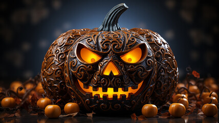a terrible head carved out of a pumpkin for Halloween with glowing eyes and elaborate carvings