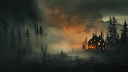 night landscape, mysterious lonely house in misty autumn mountains, thriller, horror, fairy tale - obrazy, fototapety, plakaty