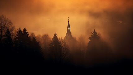 Obraz premium church in the night fog in the European mountains landscape panoramic view