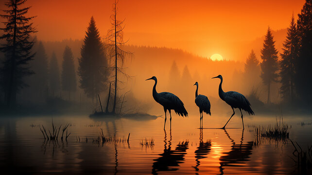 silhouettes of cranes in autumn fog, wildlife landscape sunrise