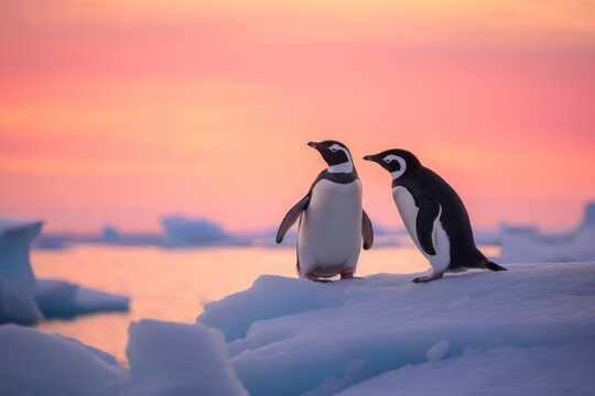 deux pingouins sur la banquise au soleil couchant