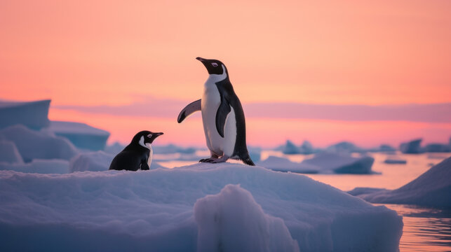 deux pingouins sur la banquise au soleil couchant
