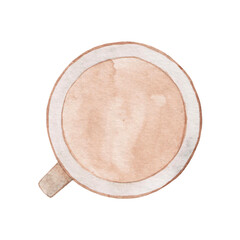 Watercolor drawing of a cozy coffee drink in a mug, top view. Autumn aesthetics.
