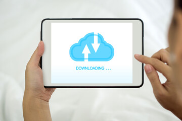 Back view of woman using cloud drive technology download or upload save files from internet. Data storage, networking and internet service concept.