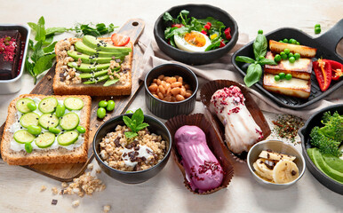 Healthy vegan food. Mushrooms, tofu, avocado and edamame beans.