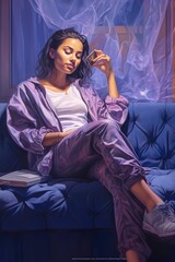 Naklejka premium A Fictional Character Created By Generative AI.A woman in a purple shirt, relaxing on a couch while reading a book.