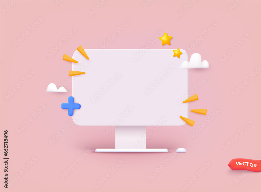 Poster mock up desktop computer. screen device mockup. landing page template for web. 3d web vector illustr