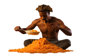 Extremely Hungry Poor Man Eating Pasta with Spoon on Floor. Generative AI