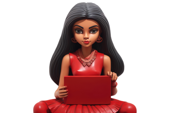3D Character of Pretty Young Girl Using Laptop and Wearing Red Dress and Jewelry. Generative AI.