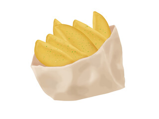 紙に包まれたフライドポテト（パセリ付き）