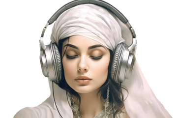 A Fair Woman Wearing Headphone and Jewelry in White Headscarf. Generative AI.