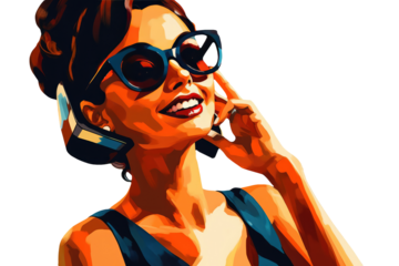 A Beautiful Smiling Woman Portait Wearing Headset and Sunglasses in Blue Attire. Generative AI.