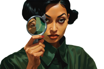 Young Woman Wearing Green T-shirt and Holding Magnifying Glass. Generative AI.