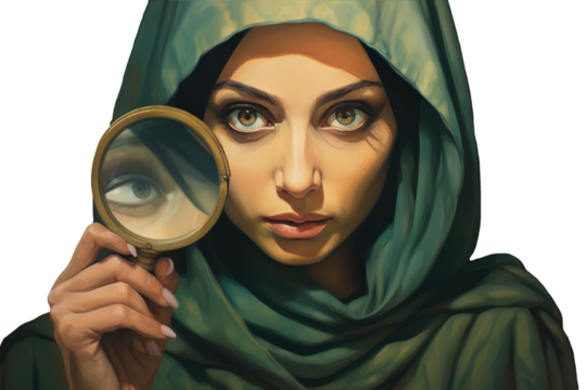 Beautiful Young Woman Wearing Green Veil and Holding Magnifying Glass. Generative AI.
