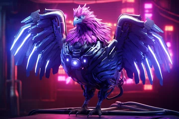 Rolgordijnen cyberpunk chicken with purple and blue light background © Rendi