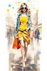 A Fictional Character Created By Generative AI.Fashionable woman walking down the street carrying shopping bags