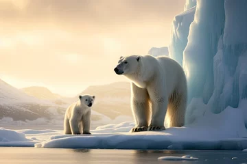 Fotobehang A polar bear with a small bear cub in the snow at sunrise. © Tjeerd