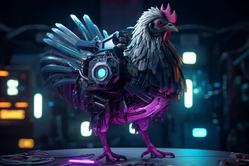 Fotobehang cyberpunk chicken with purple and blue light background © Rendi