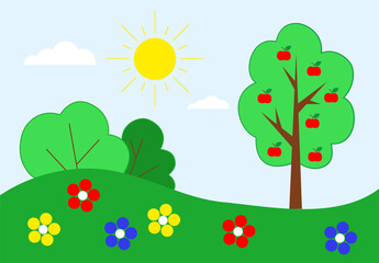 Color drawing for children. Nature. Apple tree, sun, bushes. Vector.