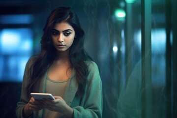 A Fictional Character Created By Generative AI.Elegant Woman Using Smartphone in Dark