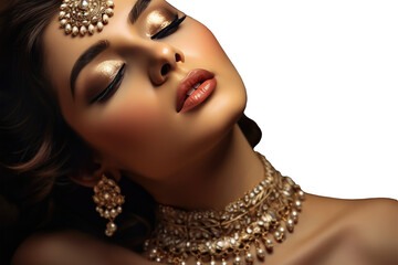 Close Up Image of Young Indian Brunette Woman with Bright Makeup, Elegant Jewellery and Eye Closed. Generative AI.