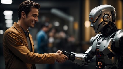 A human and a robot shake hands with each other with a smile