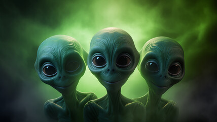 Fototapeta premium portrait of a group of three cheerful aliens on a fog background