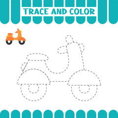 Tracing educational page for kids. Handwriting practice activity worksheet for preschoolers. Trace moped, scooter.