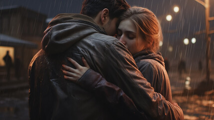 A couple embracing on a rainy street, with a realistic and cinematic ambiance.