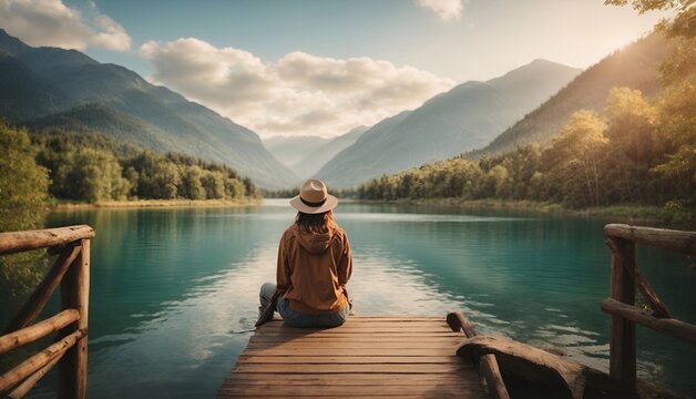Woman sitting wooden bridge enjoying beauty of nature looking at mountain lake forest. Adventure travel background . - Powered by Adobe