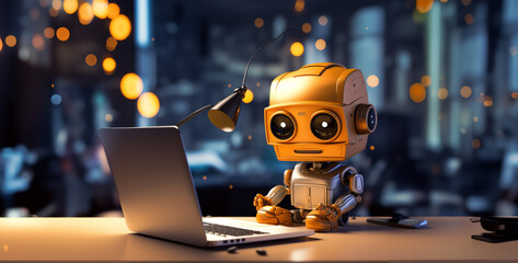 robot with laptop, cute robot at desk in front of laptop hd wallpaper