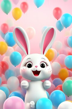 there is a white bunny with pink ears standing among many balloons generated by AI