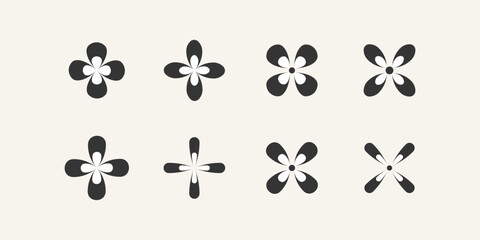 Quatrefoil flower symbol. Set of 8 geometric shape. Modern linear design print. Modern abstract graphic design elements for packaging, branding, wallpaper, covers and pattern.