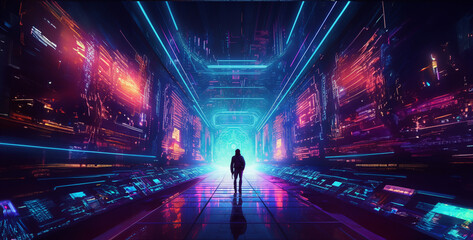 light in the dark, a digital tunnel with neon effect showing cyber security hd wallpaper - obrazy, fototapety, plakaty