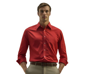 Confident Man Wearing Brown Pant and Red Shirt with Hands in Pockets. Generative AI.