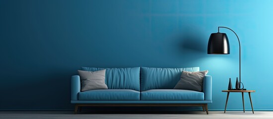 Minimalistic living room with blue sofa wooden table black lamp wood flooring and deep sky blue wall presented in