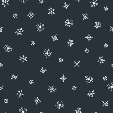 Snowflakes winter Christmas seamless pattern. Snowfall. Vector hand-drawn abstract background in simple cartoon scandinavian style. Digital paper.