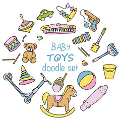 Set of children's toys. Bright toys in doodle style. Vector illustration. Vector 