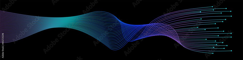Poster vector wave dynamic music lines. blue-violet abstract lines. sound waves on a black background for y