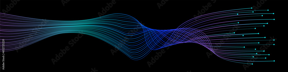 Poster vector wave dynamic music lines. blue-violet abstract lines. sound waves on a black background for y
