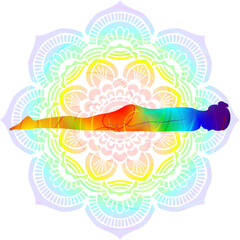 Colorful silhouette yoga posture. Reverse Corpse with Arms On Sides pose. Advasana. Prone and Neutral. Isolated vector illustration. Mandala background.