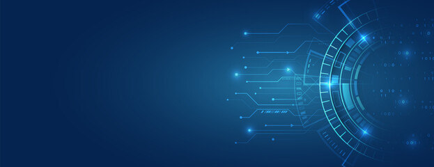 Hi-tech vector illustration with various technology elements. Abstract global sci fi concept. Digital internet communication on blue background. Wide Cyber security internet and networking concept.