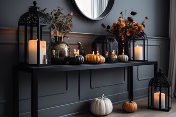 Candles and pumpkins, candle holders, mirror - modern autumn decor in interior. Generative AI