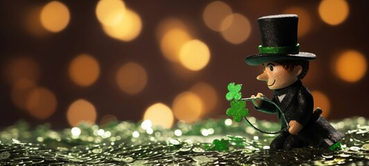 New year greeting card, New Year's Eve celebration holiday - Happy chimney sweep with top hat and four leaves clover, glitter palettes on table and bokeh lights in background